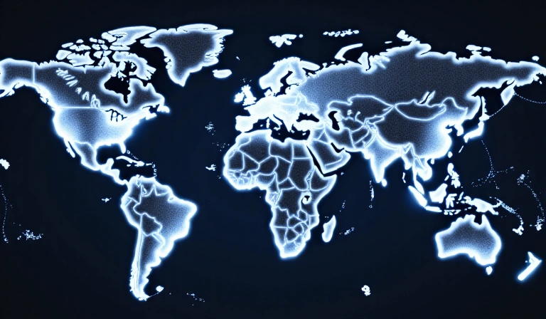 A world map with shipping routes highlighted, symbolizing international delivery